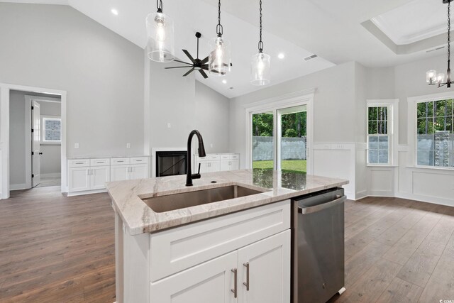 309 Waterfall Cir, Little River, SC 29566 - kitchen with dishwasher, a sink, a chandelier, dark wood finished floors, and high vaulted ceiling
