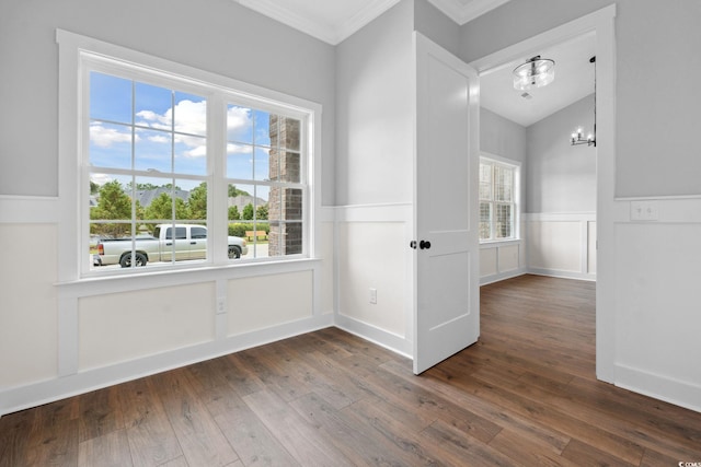 297 Waterfall Cir, Little River, SC 29566 - empty room with a chandelier, crown molding, dark wood-type flooring, wainscoting, and lofted ceiling