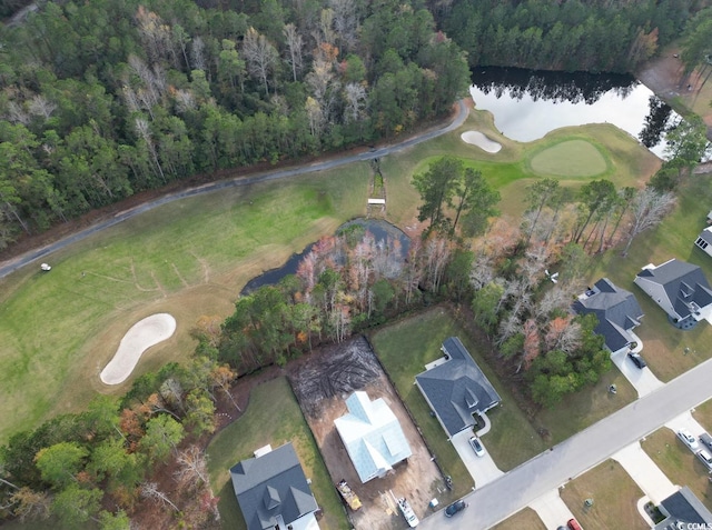 birds eye view of property with a water view and a view of trees