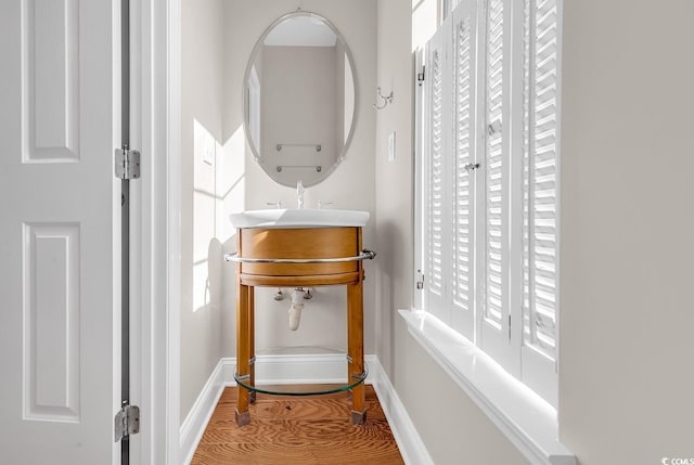 bathroom with hardwood / wood-style flooring and vanity