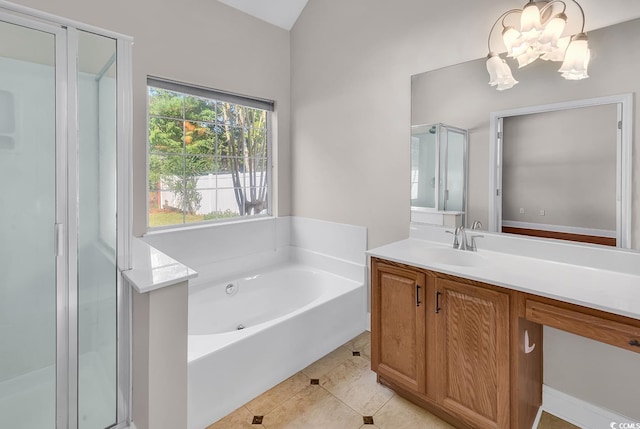 bathroom featuring tile patterned flooring, vanity, and independent shower and bath