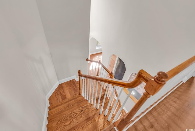 stairway featuring hardwood / wood-style flooring