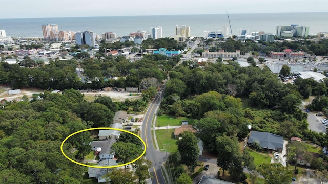 bird's eye view featuring a water view and a city view