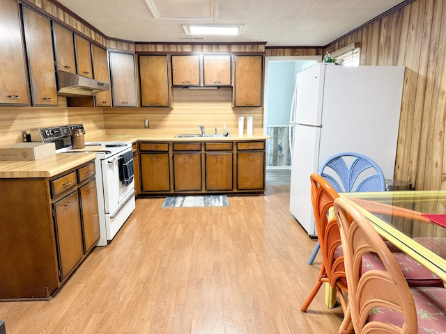 kitchen with under cabinet range hood, light wood-style flooring, white appliances, and a sink