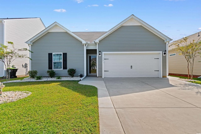 ranch-style house with a garage and a front yard