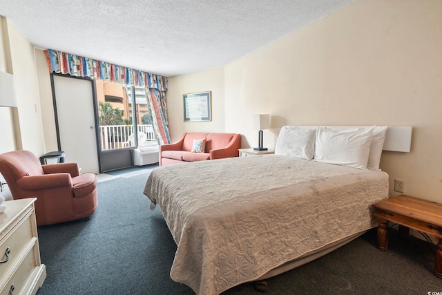 bedroom with carpet floors, a textured ceiling, and access to outside