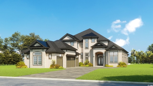 view of front facade featuring driveway, a front yard, and stucco siding