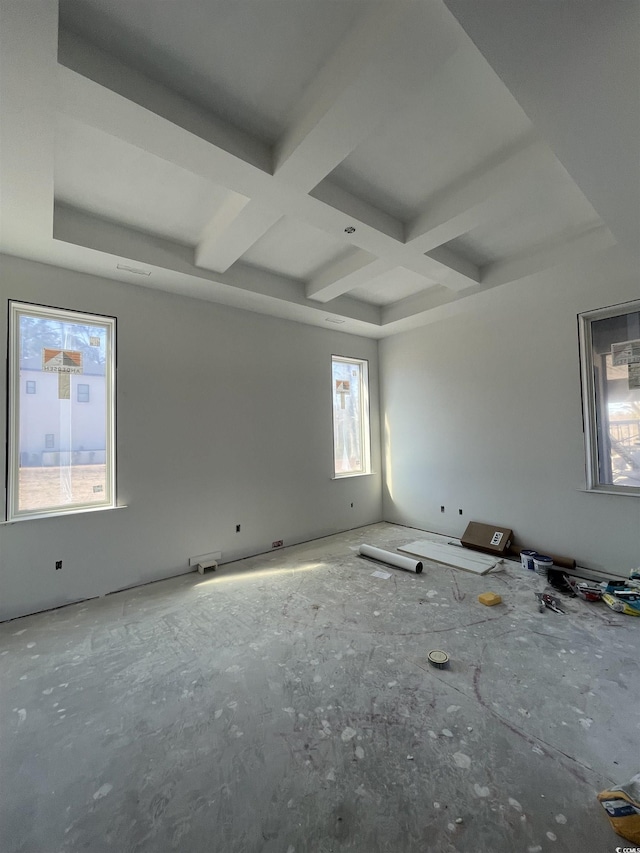 empty room with beam ceiling and coffered ceiling