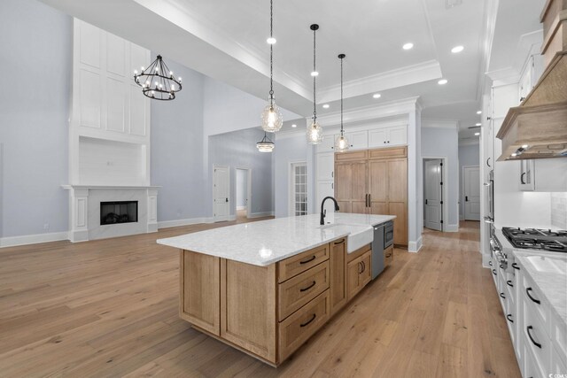 372 Chamberlin Rd, Myrtle Beach, SC 29588 - kitchen featuring a tray ceiling, brown cabinets, light wood-style flooring, a spacious island, and crown molding