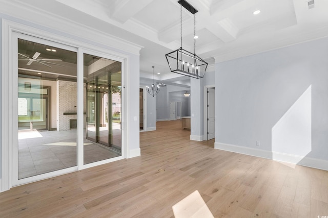 372 Chamberlin Rd, Myrtle Beach, SC 29588 - unfurnished dining area featuring beamed ceiling, coffered ceiling, ornamental molding, light wood-style floors, and a chandelier