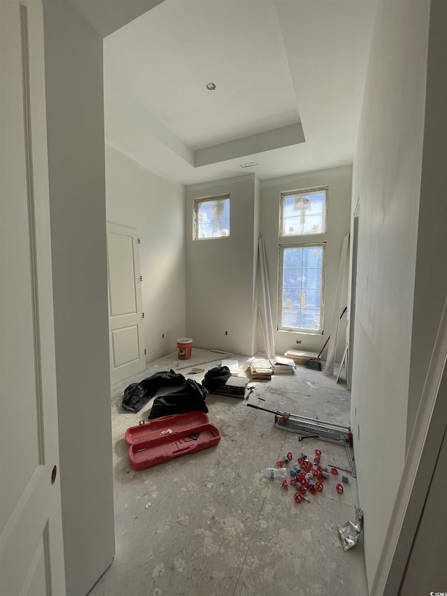 unfurnished bedroom with a tray ceiling