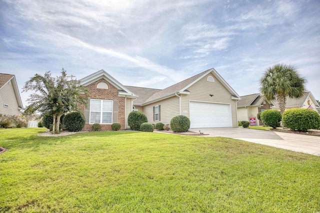 view of front of house featuring brick siding, concrete driveway, an attached garage, and a front lawn