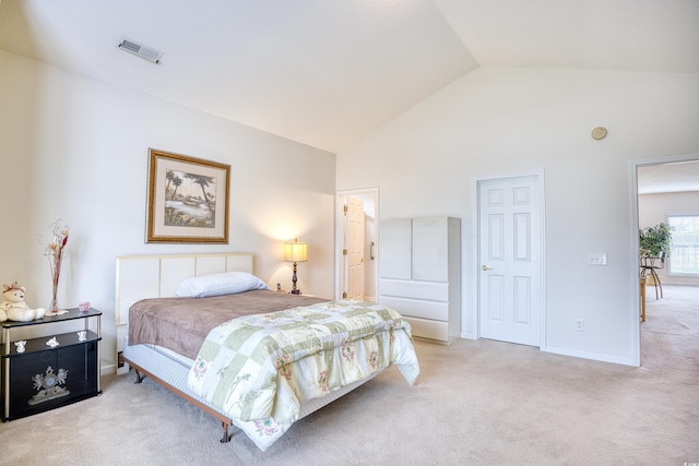 bedroom featuring carpet floors, high vaulted ceiling, and baseboards