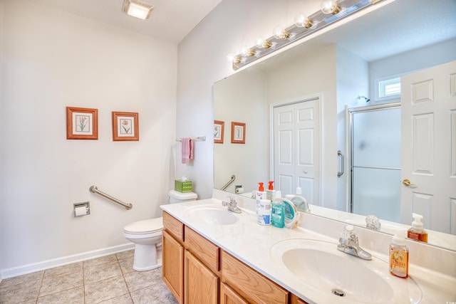 full bathroom featuring a shower stall, double vanity, baseboards, tile patterned floors, and toilet