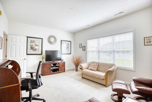 office area featuring carpet, a textured ceiling, and baseboards
