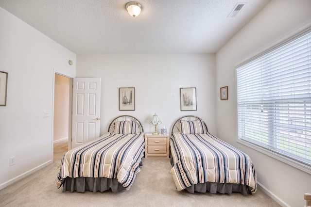 bedroom with multiple windows, light carpet, baseboards, and a textured ceiling