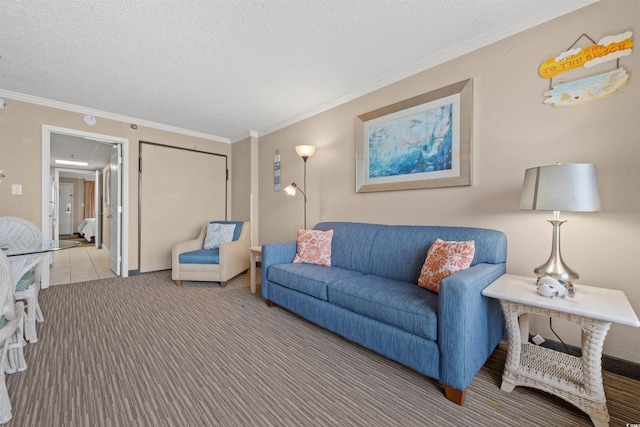 living room with crown molding, light carpet, and a textured ceiling