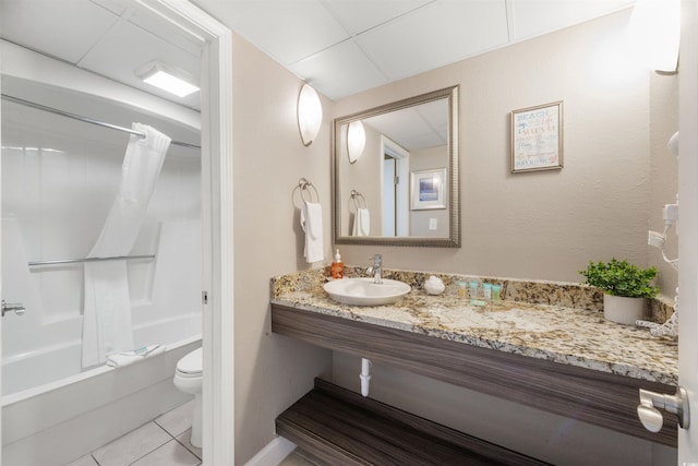 full bathroom with shower / tub combo, sink, tile patterned flooring, and toilet