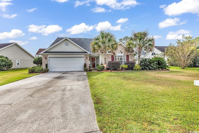 ranch-style home with a garage and a front lawn