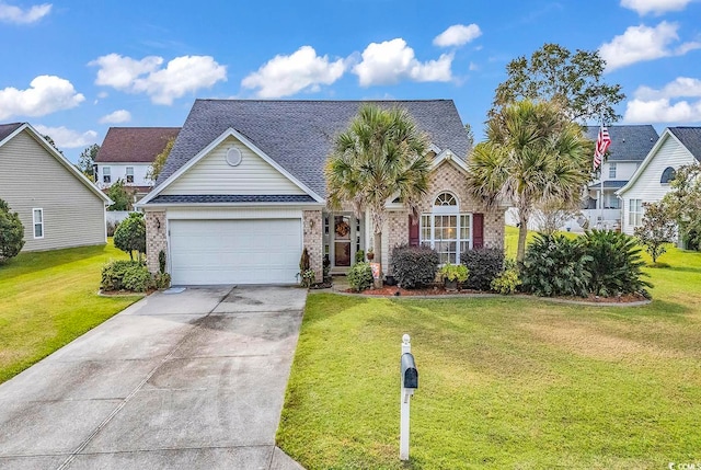 view of front of home with a front yard and a garage