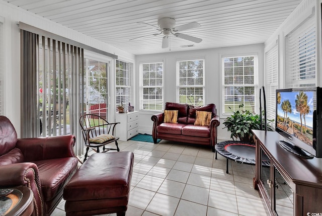 sunroom featuring wooden ceiling and ceiling fan