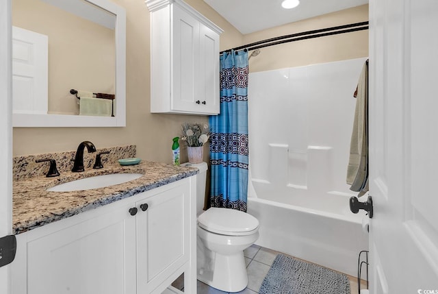 full bathroom featuring tile patterned floors, toilet, shower / tub combo, and vanity