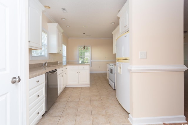 kitchen with white appliances, crown molding, and white cabinetry