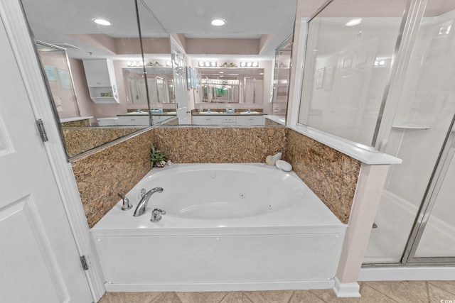 bathroom featuring separate shower and tub and tile patterned floors