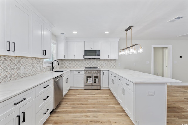 kitchen featuring appliances with stainless steel finishes, white cabinetry, hanging light fixtures, and sink