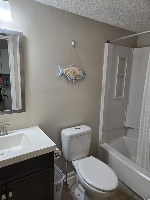 full bathroom featuring vanity, toilet, a textured ceiling, and shower / tub combo with curtain