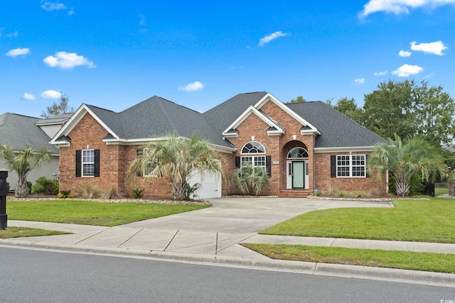 view of front of property with a front lawn and a garage