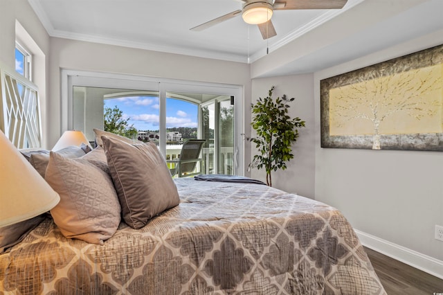 bedroom with ceiling fan, ornamental molding, hardwood / wood-style flooring, and access to exterior