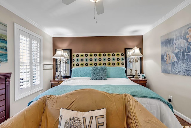 bedroom featuring wood-type flooring, crown molding, and ceiling fan