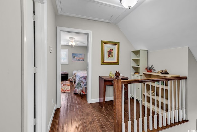 hallway featuring lofted ceiling and dark hardwood / wood-style floors