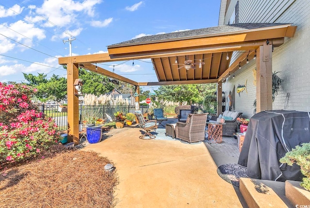 view of patio featuring ceiling fan, an outdoor hangout area, and a grill