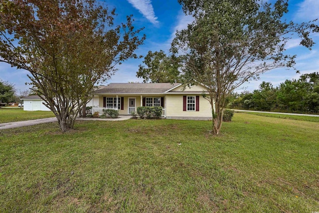 single story home with a porch and a front lawn