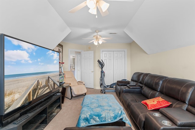 living room featuring light colored carpet and ceiling fan