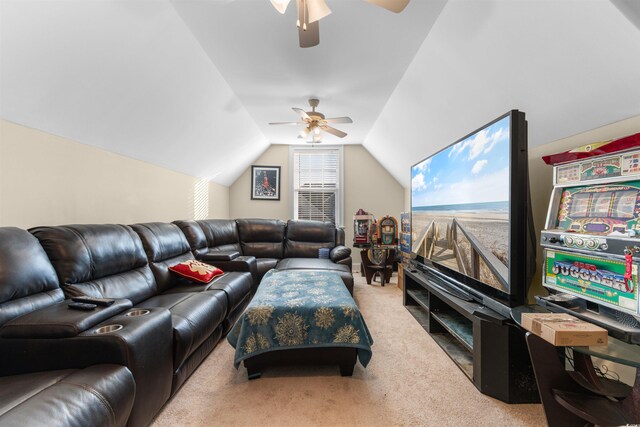 living room with light carpet, vaulted ceiling, and ceiling fan