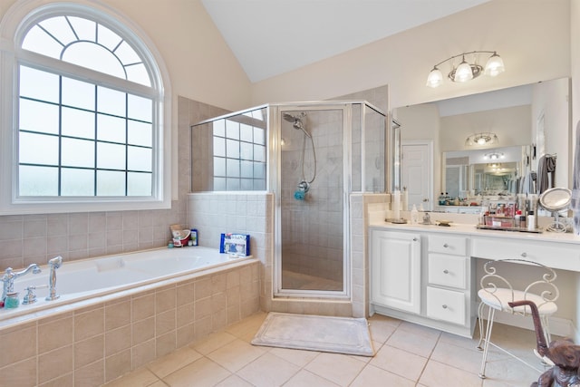 bathroom with vanity, plus walk in shower, lofted ceiling, and tile patterned floors