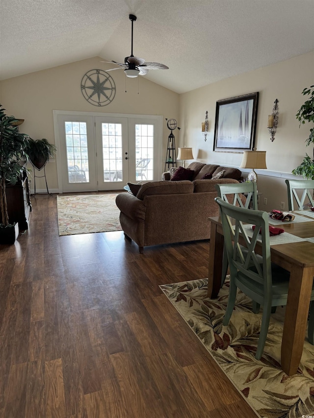 1538 Lanterns Rest Rd Unit 303, Myrtle Beach, SC 29579 - living room featuring a ceiling fan, lofted ceiling, wood finished floors, a textured ceiling, and french doors