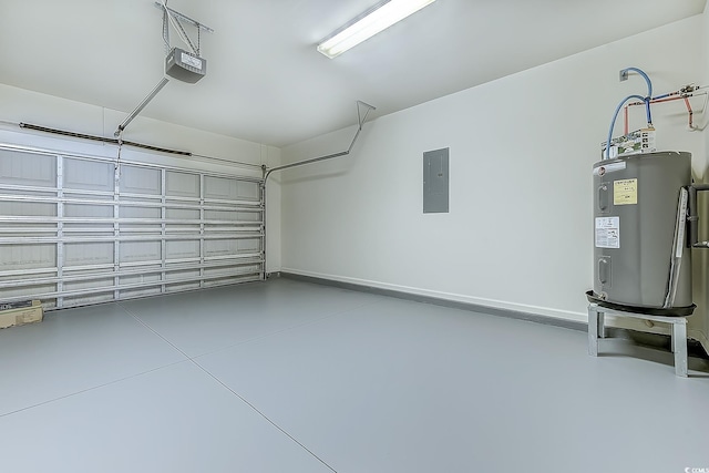 garage featuring a garage door opener, electric panel, and electric water heater