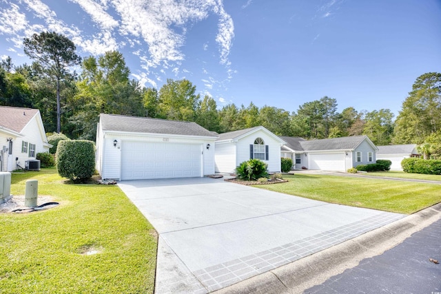 ranch-style house with central air condition unit, a front lawn, and a garage