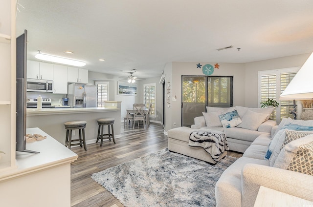 living room with ceiling fan and hardwood / wood-style floors