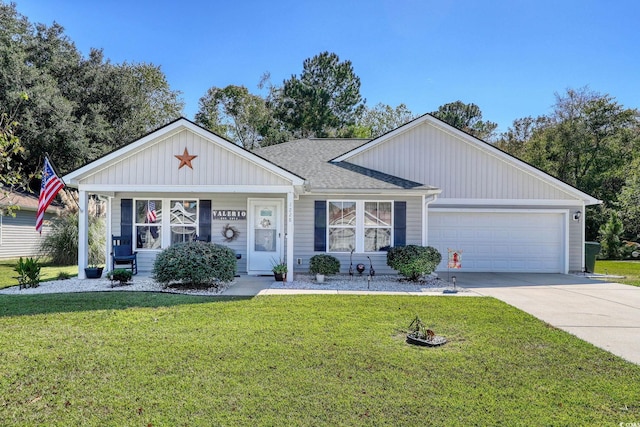 ranch-style home featuring a garage and a front lawn