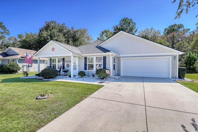 single story home with covered porch, a front yard, and a garage