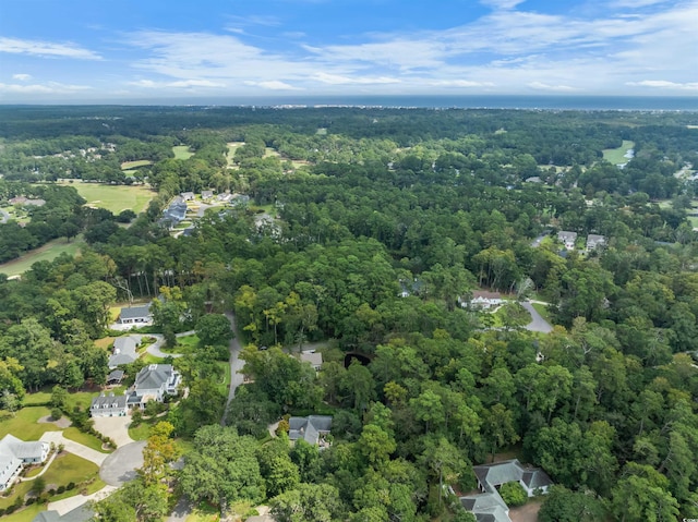drone / aerial view featuring a wooded view