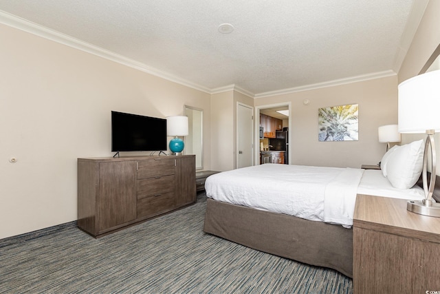 bedroom featuring black refrigerator, a textured ceiling, crown molding, and dark colored carpet