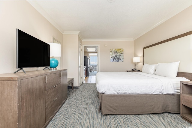 carpeted bedroom featuring crown molding and a textured ceiling