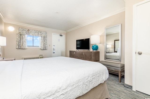 bedroom featuring carpet floors and ornamental molding