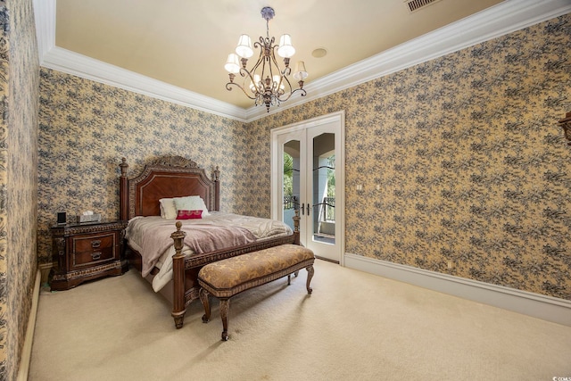 carpeted bedroom featuring access to outside, a chandelier, crown molding, and wallpapered walls